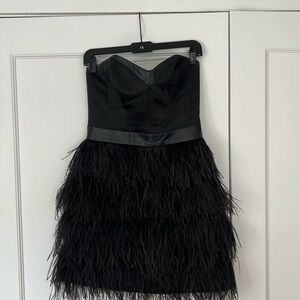 Milly strapless black mini dress with ostrich feathers and leather trim!